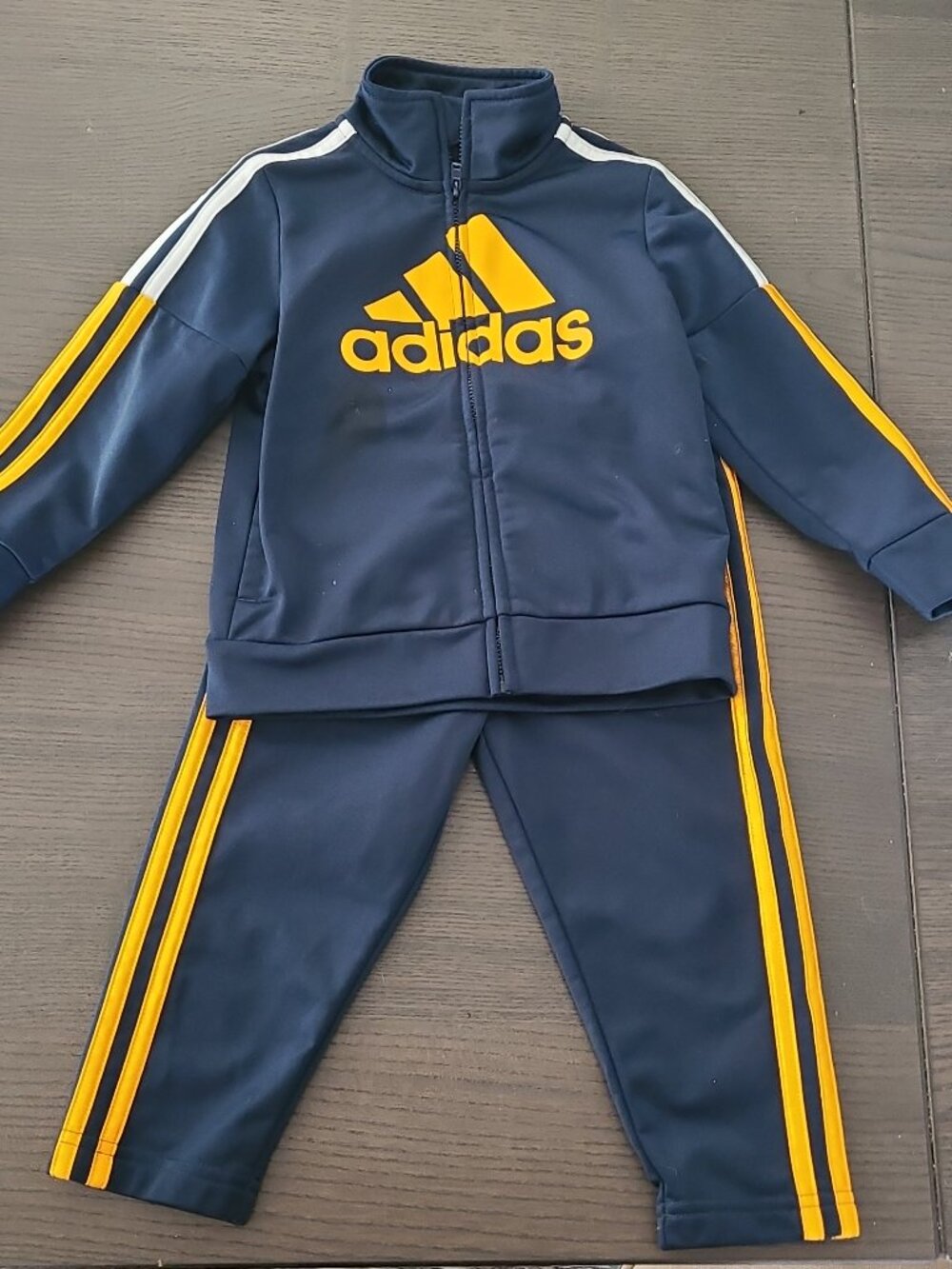 Adidas Track Suit Boys Size 2T Navy Blue & Yellow Toddlers Zip Up Top & Bottom